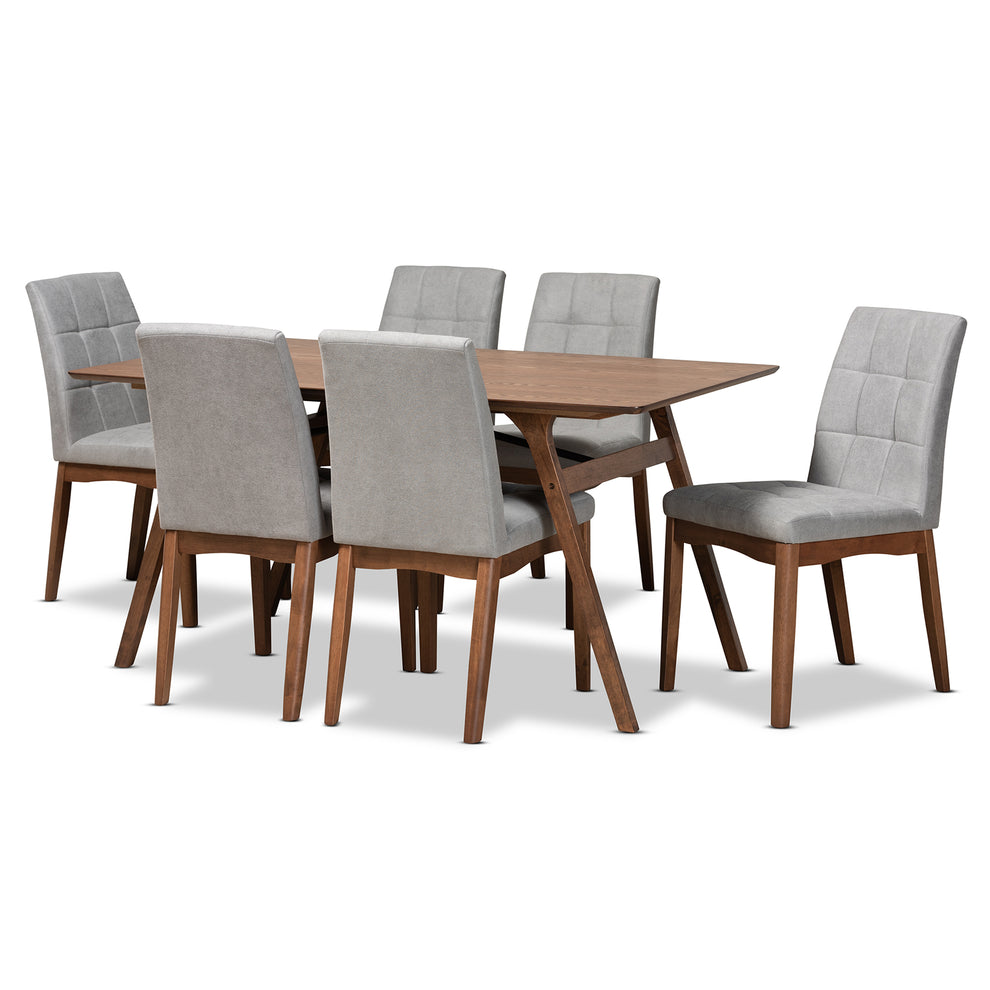 Baxton Studio Tara Mid-Century Modern Light Grey Fabric Upholstered and Walnut Brown Finished Wood 7-Piece Dining Set | Dining Sets | Modishstore - 2