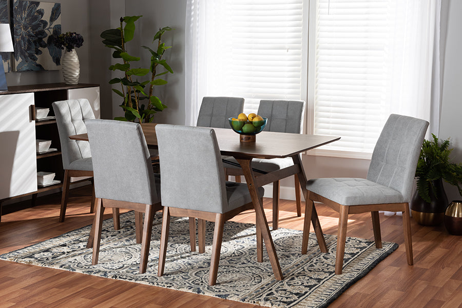 Baxton Studio Tara Mid-Century Modern Light Grey Fabric Upholstered and Walnut Brown Finished Wood 7-Piece Dining Set | Dining Sets | Modishstore