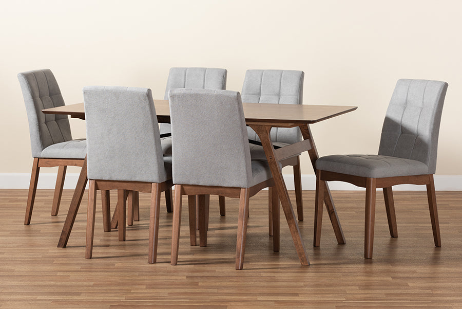 Baxton Studio Tara Mid-Century Modern Light Grey Fabric Upholstered and Walnut Brown Finished Wood 7-Piece Dining Set | Dining Sets | Modishstore - 3