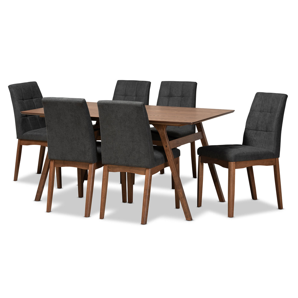 Baxton Studio Tara Mid-Century Modern Dark Grey Fabric Upholstered and Walnut Brown Finished Wood 7-Piece Dining Set | Dining Sets | Modishstore - 2