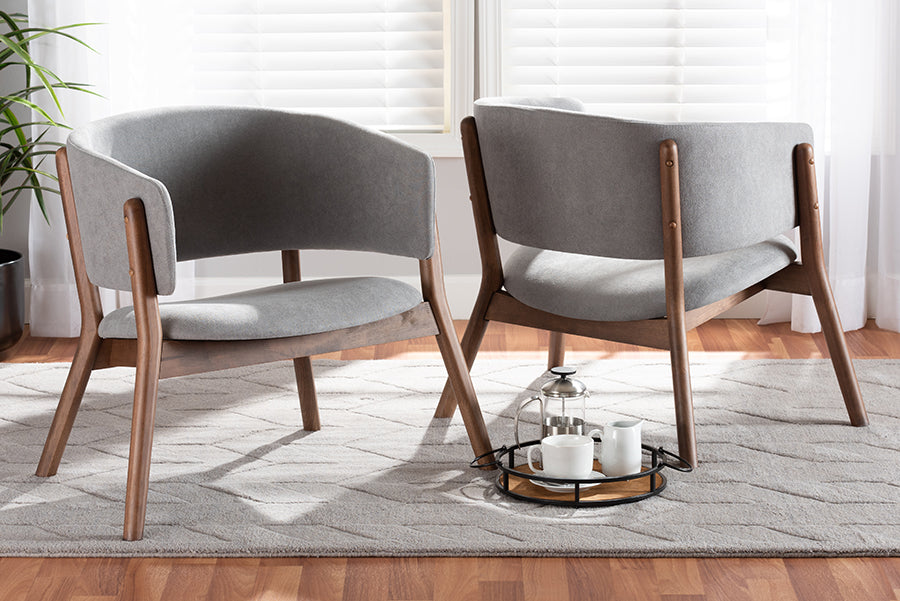 Baxton Studio Baron Mid-Century Modern Light Grey Fabric Upholstered and Walnut Brown Finished Wood 2-Piece Living Room Accent Chair Set | Modishstore | Accent Chairs