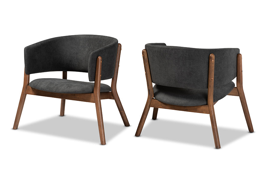 baxton studio baron mid century modern dark grey fabric upholstered and walnut brown finished wood 2 piece living room accent chair set | Modish Furniture Store-2