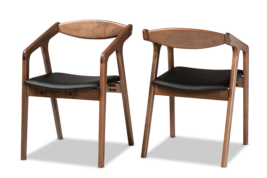 Baxton Studio Harland Mid-Century Modern Black Faux Leather Upholstered and Walnut Brown Finished Wood 2-Piece Dining Chair Set | Modishstore | Dining Chairs - 2