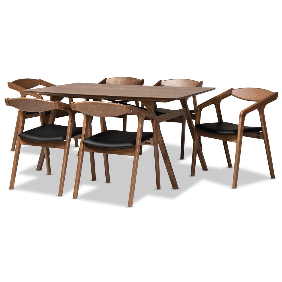 Baxton Studio Harland Mid-Century Modern Black Faux Leather Upholstered and Walnut Brown Finished Wood 7-Piece Dining Set | Dining Sets | Modishstore - 2