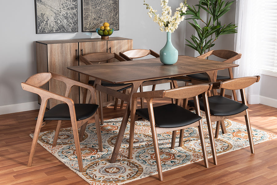 Baxton Studio Harland Mid-Century Modern Black Faux Leather Upholstered and Walnut Brown Finished Wood 7-Piece Dining Set | Dining Sets | Modishstore