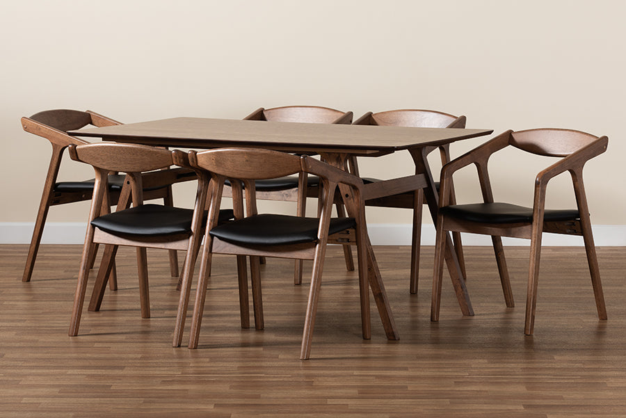 Baxton Studio Harland Mid-Century Modern Black Faux Leather Upholstered and Walnut Brown Finished Wood 7-Piece Dining Set | Dining Sets | Modishstore - 3