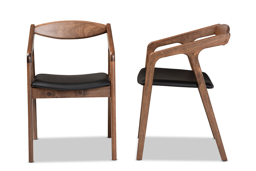 Baxton Studio Harland Mid-Century Modern Black Faux Leather Upholstered and Walnut Brown Finished Wood 2-Piece Dining Chair Set | Modishstore | Dining Chairs - 3