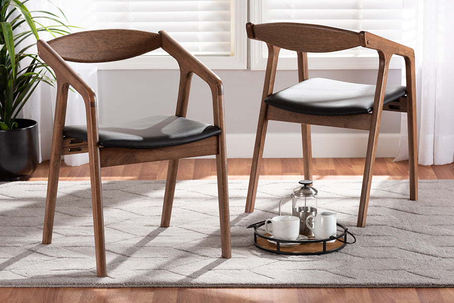 Baxton Studio Harland Mid-Century Modern Black Faux Leather Upholstered and Walnut Brown Finished Wood 2-Piece Dining Chair Set | Modishstore | Dining Chairs