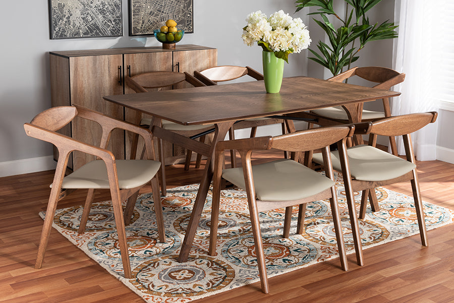 Baxton Studio Harland Mid-Century Modern Grey Faux Leather Upholstered and Walnut Brown Finished Wood 7-Piece Dining Set | Dining Sets | Modishstore - 2