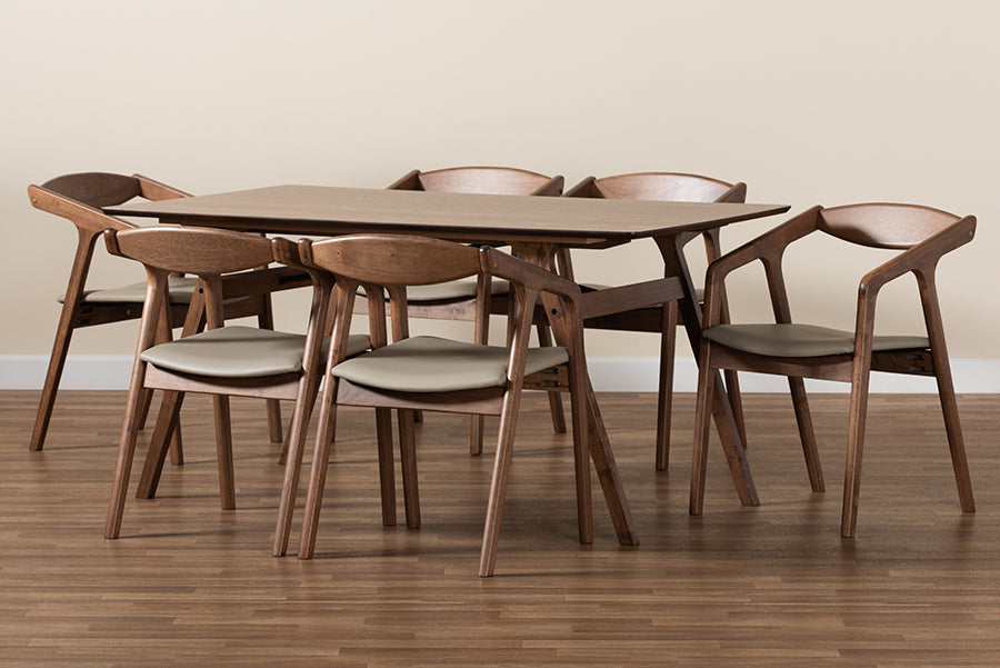 Baxton Studio Harland Mid-Century Modern Grey Faux Leather Upholstered and Walnut Brown Finished Wood 7-Piece Dining Set | Dining Sets | Modishstore - 3