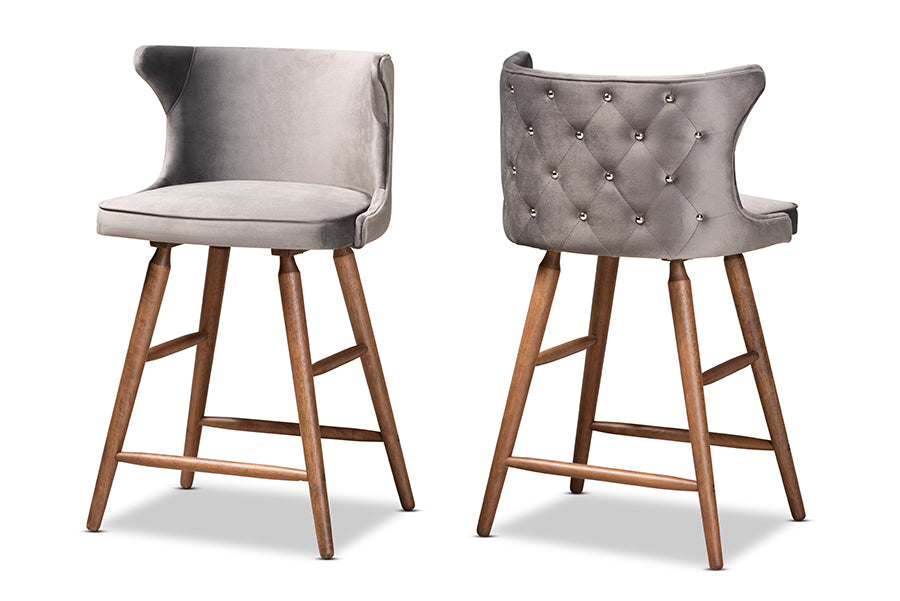 baxton studio sagira modern and contemporary transitional grey velvet fabric upholstered and walnut brown finished wood 2 piece counter stool set | Modish Furniture Store-2