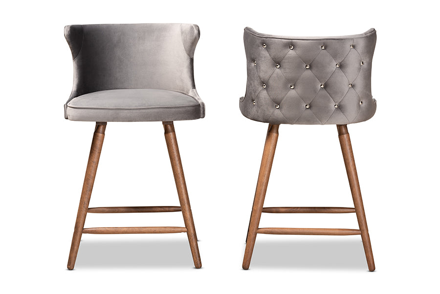 baxton studio sagira modern and contemporary transitional grey velvet fabric upholstered and walnut brown finished wood 2 piece counter stool set | Modish Furniture Store-3