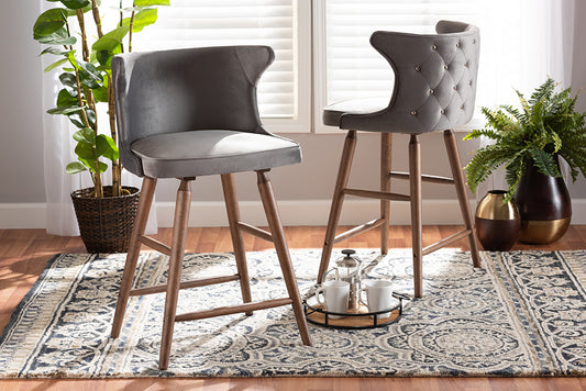 Baxton Studio Sagira Modern and Contemporary Transitional Grey Velvet Fabric Upholstered and Walnut Brown Finished Wood 2-Piece Counter Stool Set | Modishstore | Counter Stools