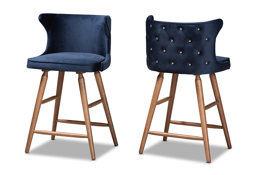 baxton studio sagira modern and contemporary transitional navy blue velvet fabric upholstered and walnut brown finished wood 2 piece counter stool set | Modish Furniture Store-2