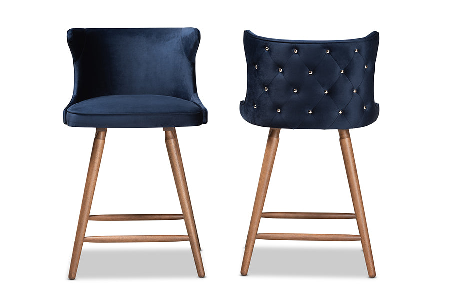 baxton studio sagira modern and contemporary transitional navy blue velvet fabric upholstered and walnut brown finished wood 2 piece counter stool set | Modish Furniture Store-3