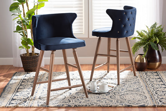 Baxton Studio Sagira Modern and Contemporary Transitional Navy Blue Velvet Fabric Upholstered and Walnut Brown Finished Wood 2-Piece Counter Stool Set | Modishstore | Counter Stools