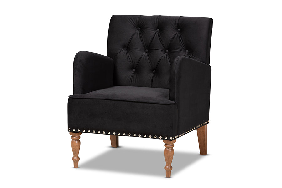 baxton studio eri contemporary glam and luxe black velvet upholstered and walnut brown finished wood armchair | Modish Furniture Store-2