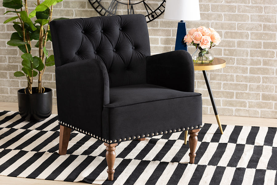 Baxton Studio Eri Contemporary Glam and Luxe Black Velvet Upholstered and Walnut Brown Finished Wood Armchair | Modishstore | Armchairs