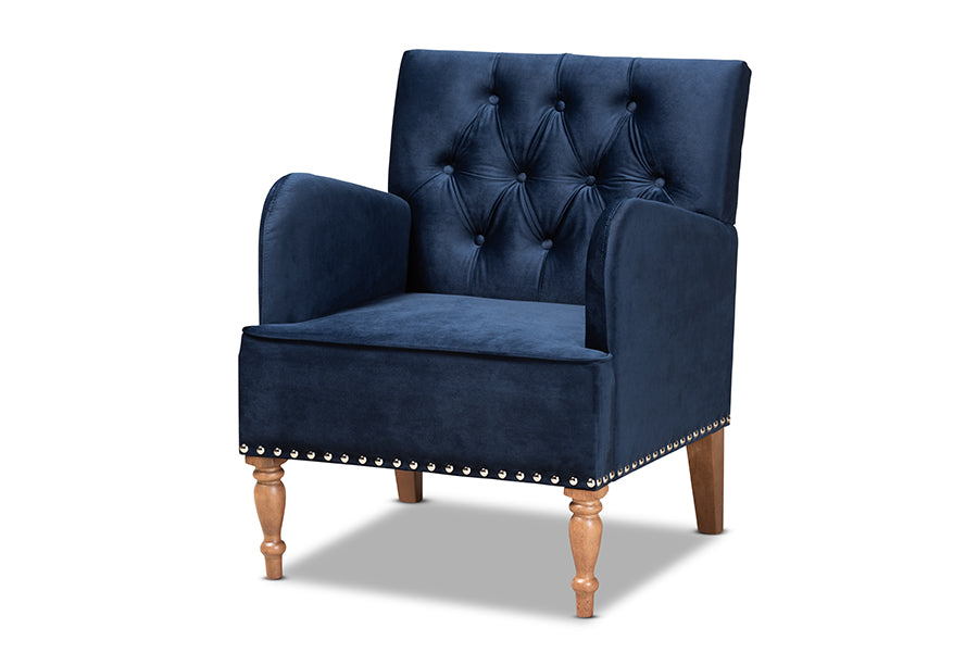 baxton studio eri contemporary glam and luxe navy blue velvet upholstered and walnut brown finished wood armchair | Modish Furniture Store-2