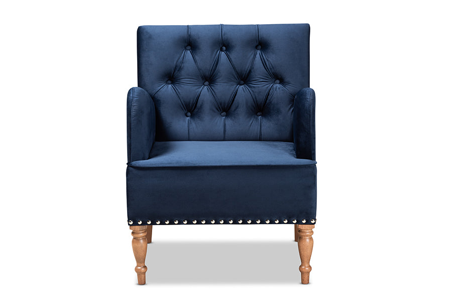 baxton studio eri contemporary glam and luxe navy blue velvet upholstered and walnut brown finished wood armchair | Modish Furniture Store-3