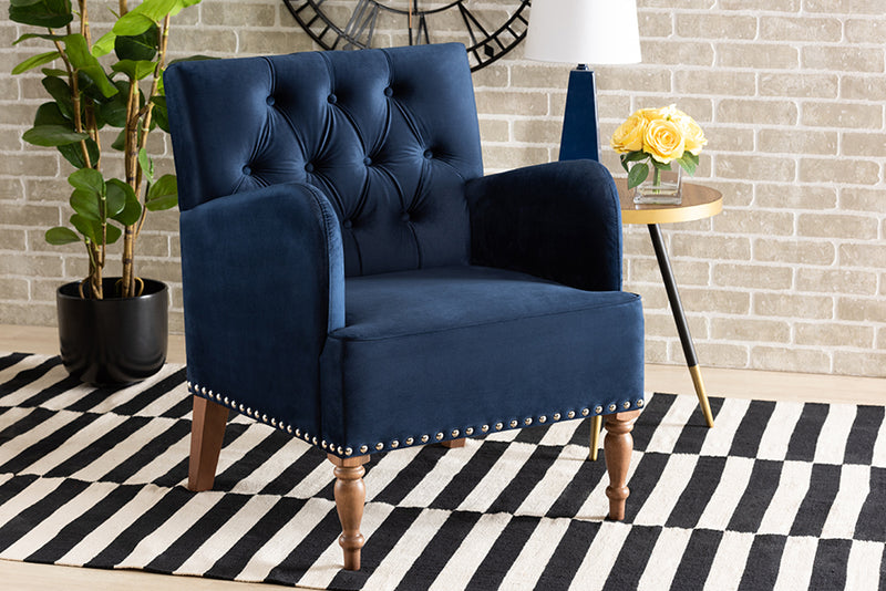 Baxton Studio Eri Contemporary Glam and Luxe Navy Blue Velvet Upholstered and Walnut Brown Finished Wood Armchair | Modishstore | Armchairs