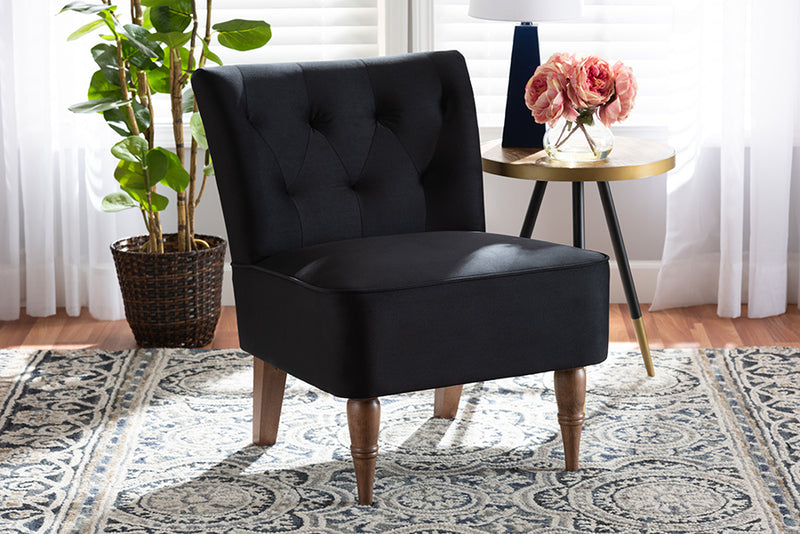 Baxton Studio Harmon Modern and Contemporary Transitional Black Velvet Fabric Upholstered and Walnut Brown Finished Wood Accent Chair | Modishstore | Accent Chairs