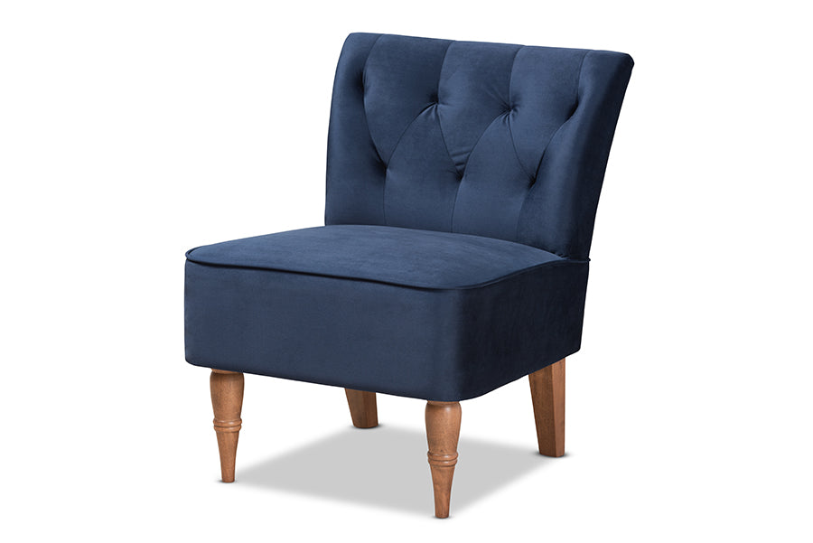 baxton studio harmon modern and contemporary transitional navy blue velvet fabric upholstered and walnut brown finished wood accent chair | Modish Furniture Store-2