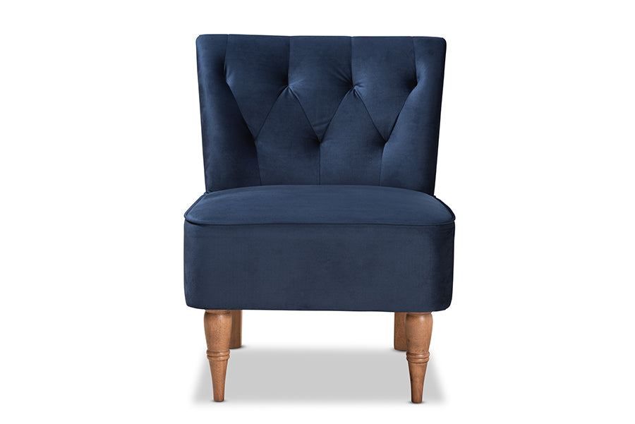 baxton studio harmon modern and contemporary transitional navy blue velvet fabric upholstered and walnut brown finished wood accent chair | Modish Furniture Store-3