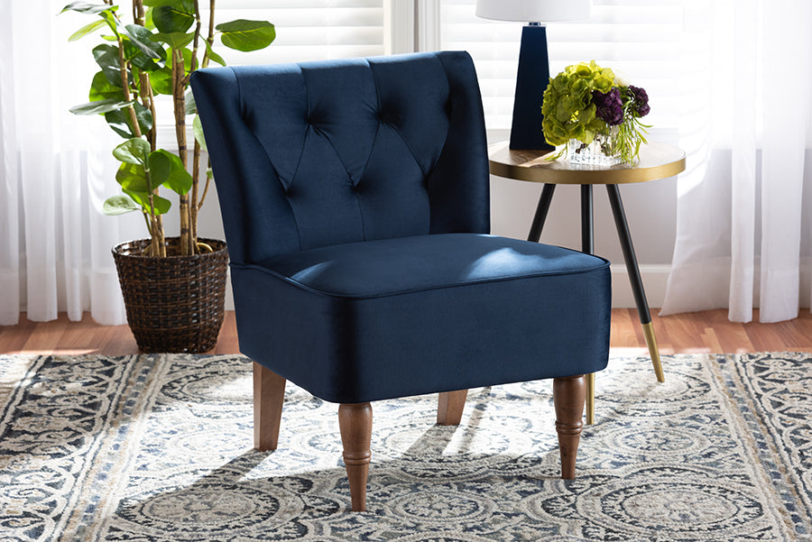 Baxton Studio Harmon Modern and Contemporary Transitional Navy Blue Velvet Fabric Upholstered and Walnut Brown Finished Wood Accent Chair | Modishstore | Accent Chairs