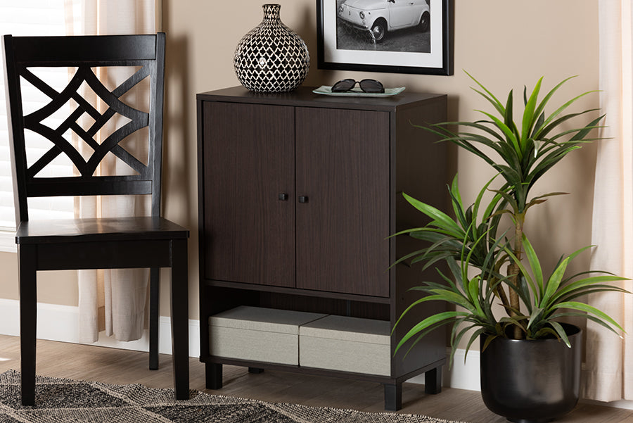 baxton studio rossin modern and contemporary dark brown finished wood 2 door entryway shoe storage cabinet with bottom shelf | Modish Furniture Store-2
