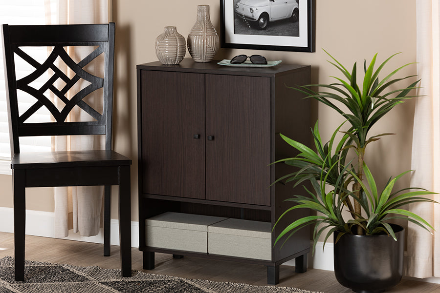 baxton studio rossin modern and contemporary dark brown finished wood 2 door entryway shoe storage cabinet with bottom shelf | Modish Furniture Store-3