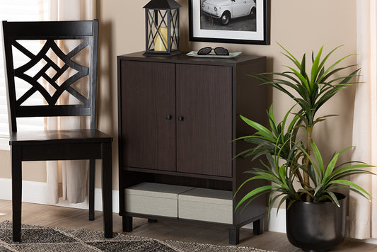 Baxton Studio Rossin Modern and Contemporary Dark Brown Finished Wood 2-Door Entryway Shoe Storage Cabinet with Bottom Shelf | Modishstore | Cabinets