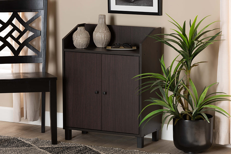 baxton studio rossin modern and contemporary dark brown finished wood 2 door entryway shoe storage cabinet with top shelf | Modish Furniture Store-2
