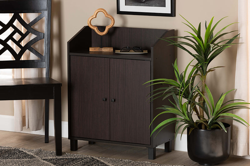 Baxton Studio Rossin Modern and Contemporary Dark Brown Finished Wood 2-Door Entryway Shoe Storage Cabinet with Top Shelf | Modishstore | Cabinets