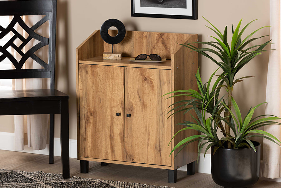 baxton studio rossin modern and contemporary oak brown finished wood 2 door entryway shoe storage cabinet with top shelf | Modish Furniture Store-2