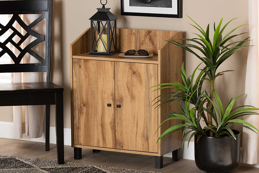Baxton Studio Rossin Modern and Contemporary Oak Brown Finished Wood 2-Door Entryway Shoe Storage Cabinet with Top Shelf | Modishstore | Cabinets