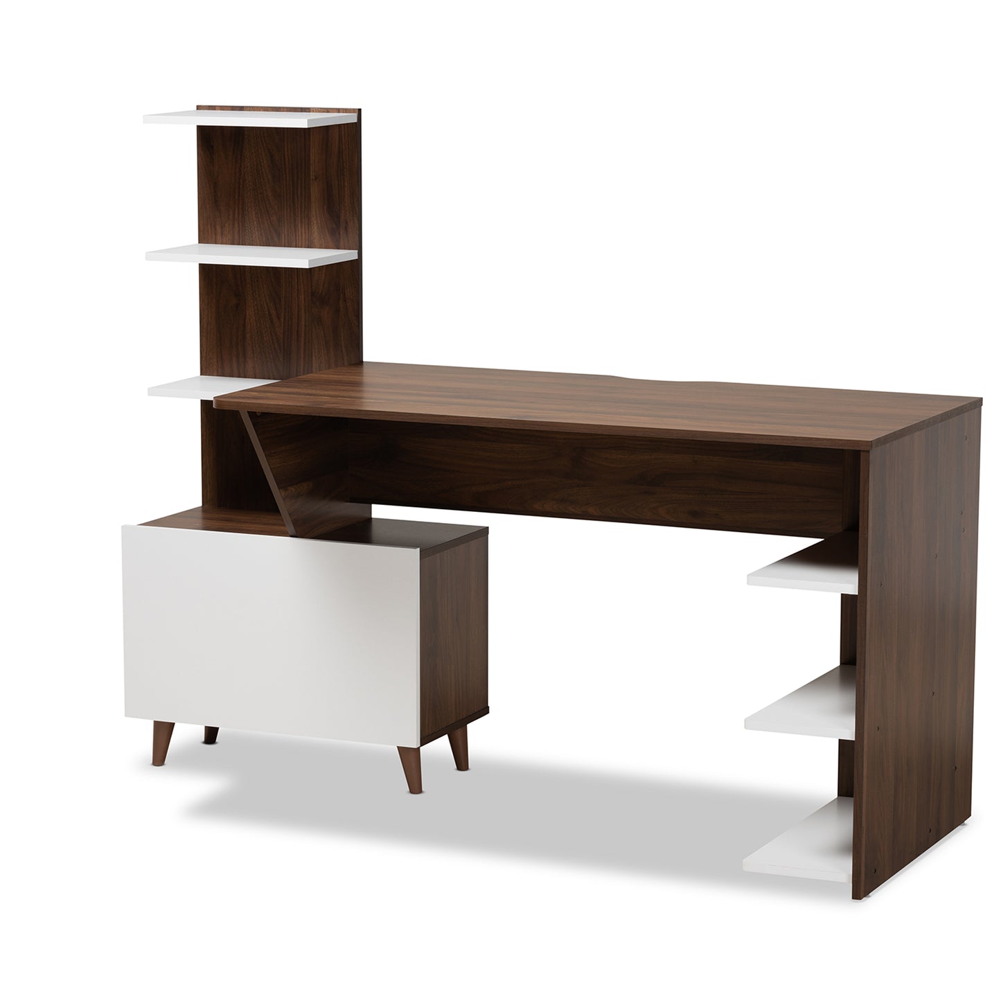 Baxton Studio Tobias Mid-Century Modern Two-Tone White and Walnut Brown Finished Wood Storage Computer Desk with Shelves | Desks | Modishstore