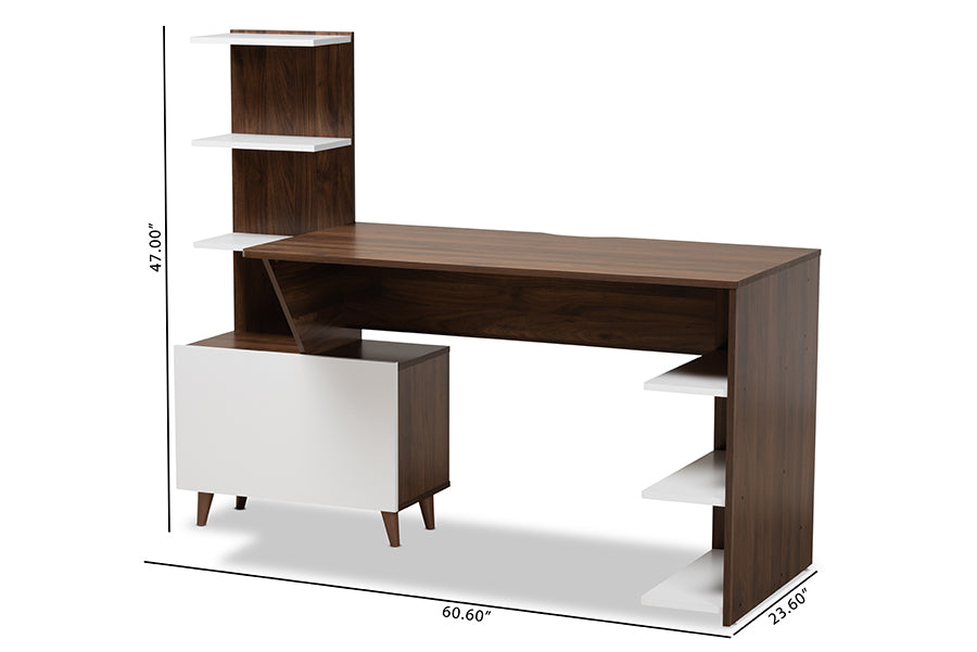 Baxton Studio Tobias Mid-Century Modern Two-Tone White and Walnut Brown Finished Wood Storage Computer Desk with Shelves | Desks | Modishstore - 8