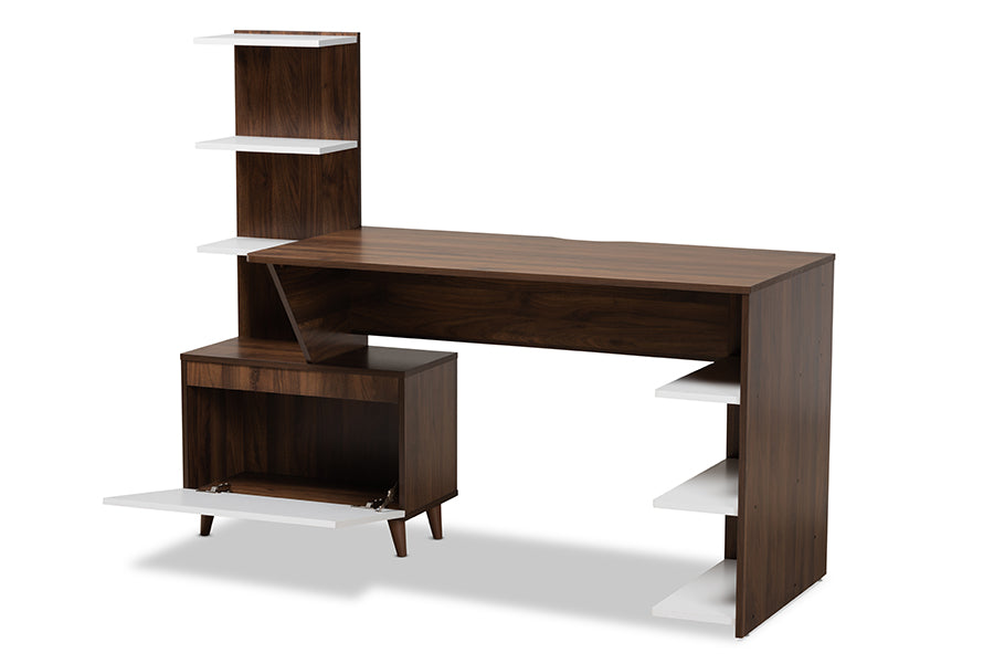 Baxton Studio Tobias Mid-Century Modern Two-Tone White and Walnut Brown Finished Wood Storage Computer Desk with Shelves | Desks | Modishstore - 7