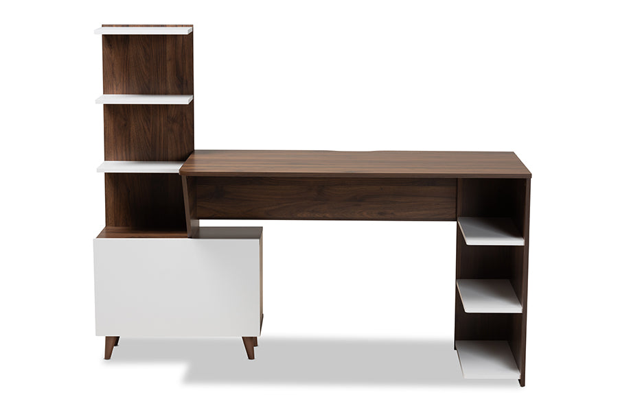 Baxton Studio Tobias Mid-Century Modern Two-Tone White and Walnut Brown Finished Wood Storage Computer Desk with Shelves | Desks | Modishstore - 6