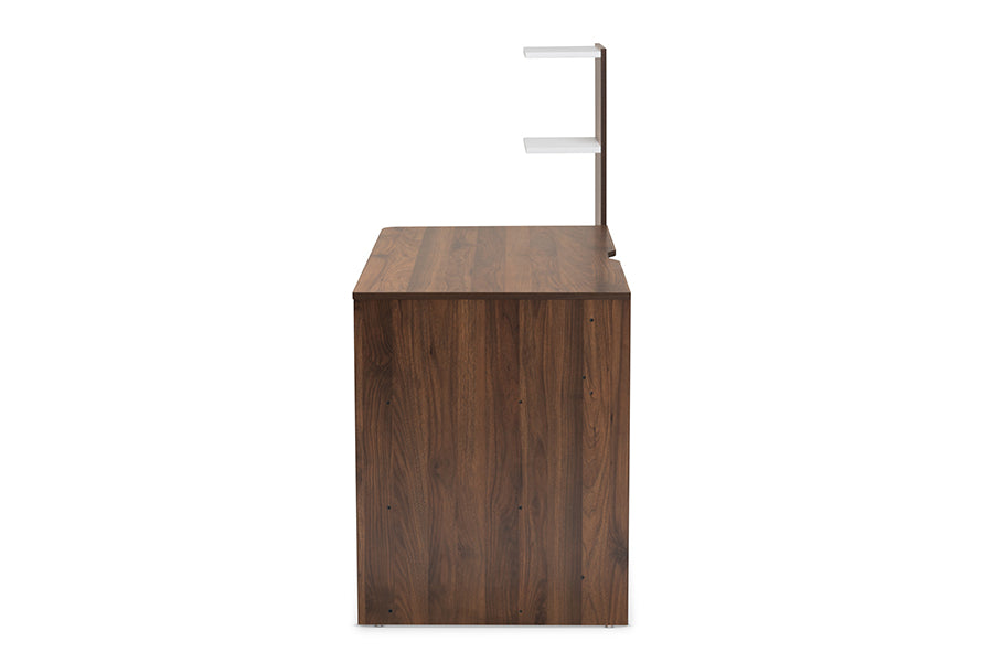Baxton Studio Tobias Mid-Century Modern Two-Tone White and Walnut Brown Finished Wood Storage Computer Desk with Shelves | Desks | Modishstore - 5