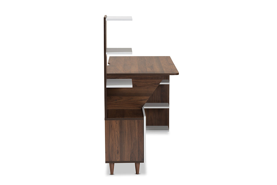 Baxton Studio Tobias Mid-Century Modern Two-Tone White and Walnut Brown Finished Wood Storage Computer Desk with Shelves | Desks | Modishstore - 4