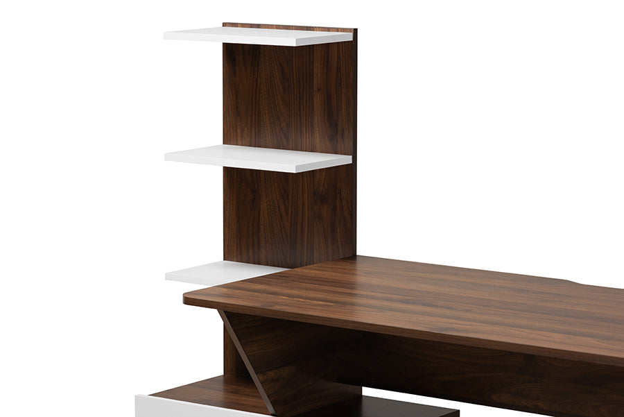 Baxton Studio Tobias Mid-Century Modern Two-Tone White and Walnut Brown Finished Wood Storage Computer Desk with Shelves | Desks | Modishstore - 3