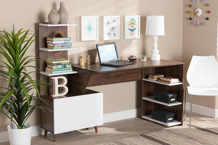 Baxton Studio Tobias Mid-Century Modern Two-Tone White and Walnut Brown Finished Wood Storage Computer Desk with Shelves | Desks | Modishstore - 2