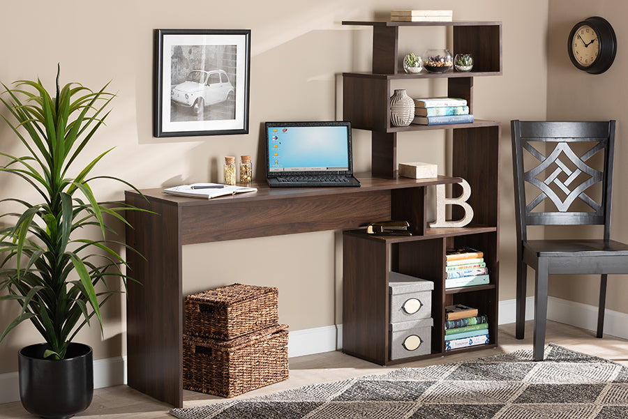 Baxton Studio Foster Modern and Contemporary Walnut Brown Finished Wood Storage Desk with Shelves | Modishstore | Desks