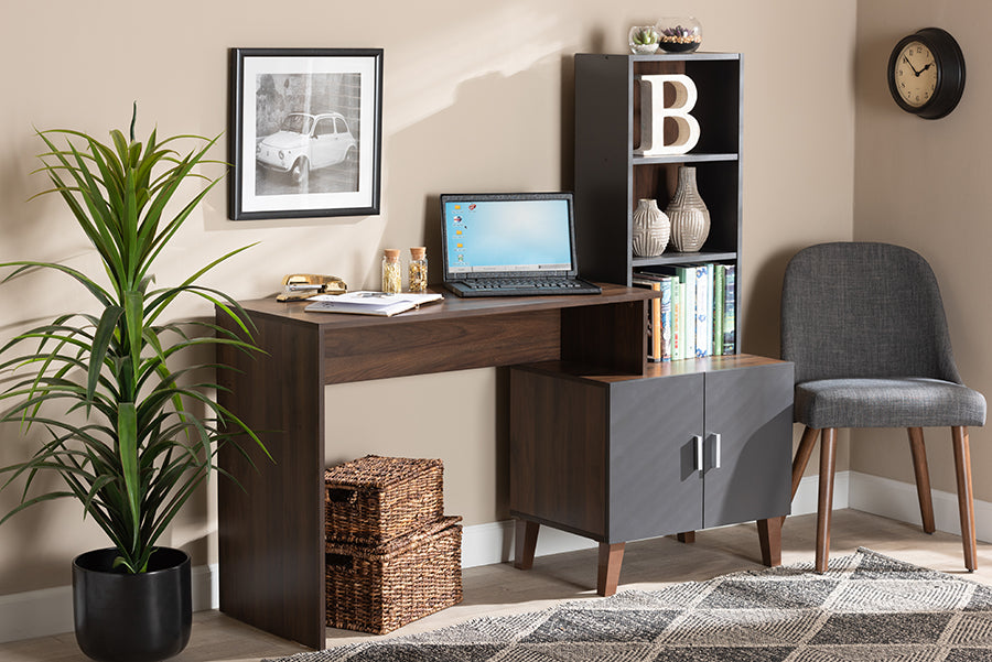 Baxton Studio Jaeger Modern and Contemporary Two-Tone Walnut Brown and Dark Grey Finished Wood Storage Desk with Shelves | Modishstore | Desks
