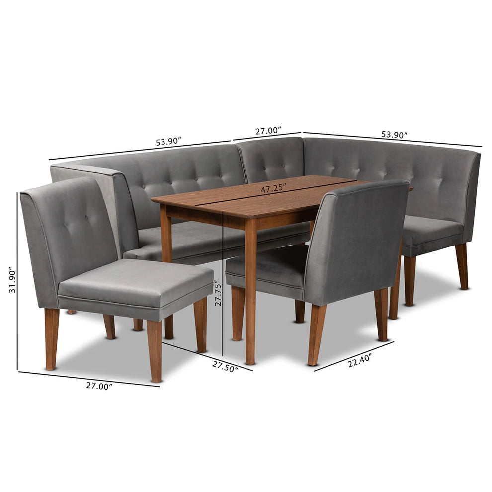 Baxton Studio Stewart Mid-Century Modern Grey Velvet Upholstered And Walnut Brown Finished Wood 5-Piece Dining Set | Dining Sets | Modishstore - 3