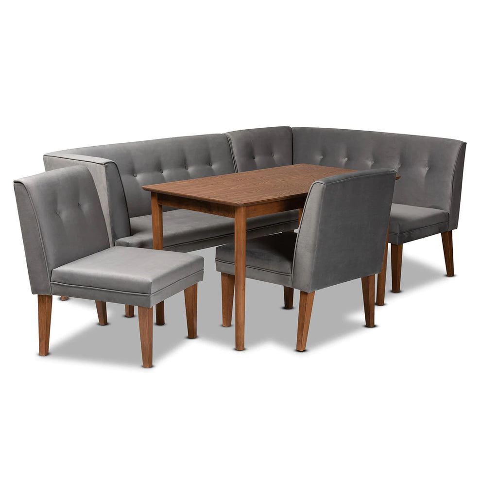 Baxton Studio Stewart Mid-Century Modern Grey Velvet Upholstered And Walnut Brown Finished Wood 5-Piece Dining Set | Dining Sets | Modishstore - 2