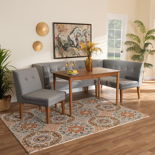 Baxton Studio Stewart Mid-Century Modern Grey Velvet Upholstered And Walnut Brown Finished Wood 4-Piece Dining Nook Set | Dining Sets | Modishstore