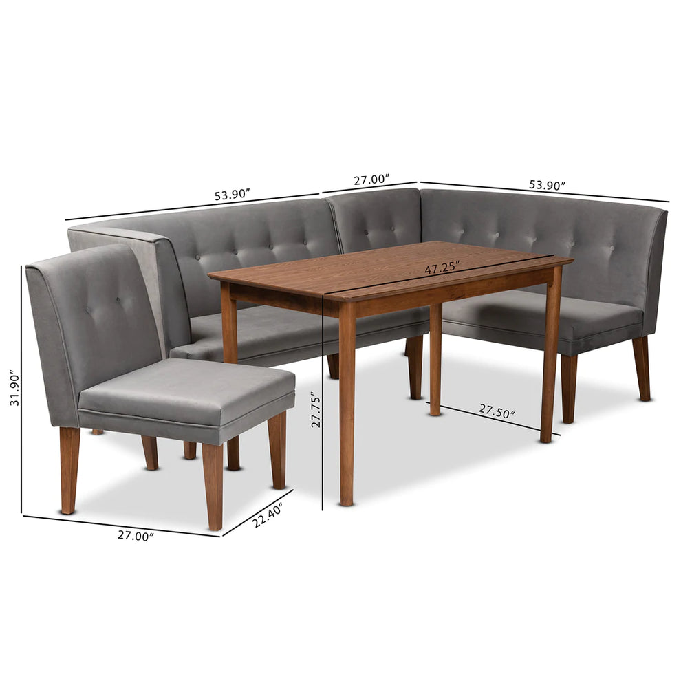 Baxton Studio Stewart Mid-Century Modern Grey Velvet Upholstered And Walnut Brown Finished Wood 4-Piece Dining Nook Set | Dining Sets | Modishstore - 2